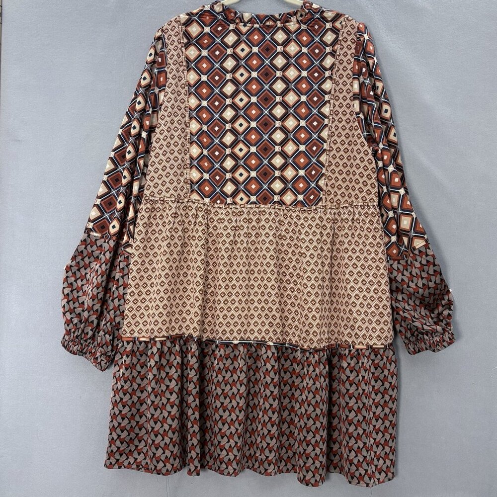 Hailey & Co Geometric Brown & Orange Tiered Ruffle Dress SZ 3XL Boho, Peasant - Picture 6 of 12